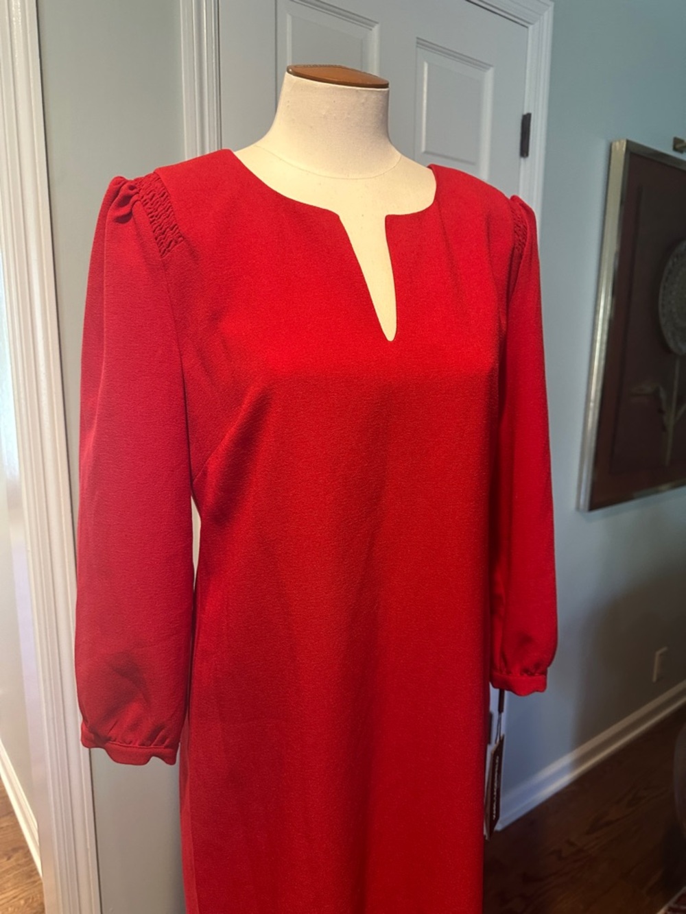 NWT Karl Lagerfeld Sz 10 Red Shift Dress Notch Neckline Long Sleeves - Picture 2 of 8